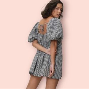SNDYS. Black White Gingham Tiered Square Neck Puff Sleeve Babydoll Mini Dress 4